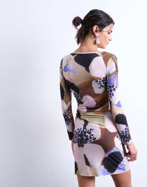 Topshop - Multifarvet minikjole i mesh med rynker i siden og blomsterprint, 4 af 4