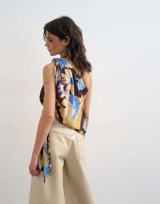 Topshop - Multifarvet oneshoulder-top med knudedetalje og print, 3 af 4
