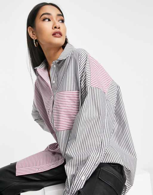 Topshop - Multifarvet oversized skjorte med stribet patchworkdesign 