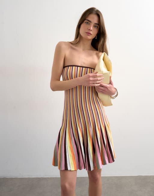 Topshop - Multifarvet strikket flagrende bandeau-minikjole med striber , 4 af 4