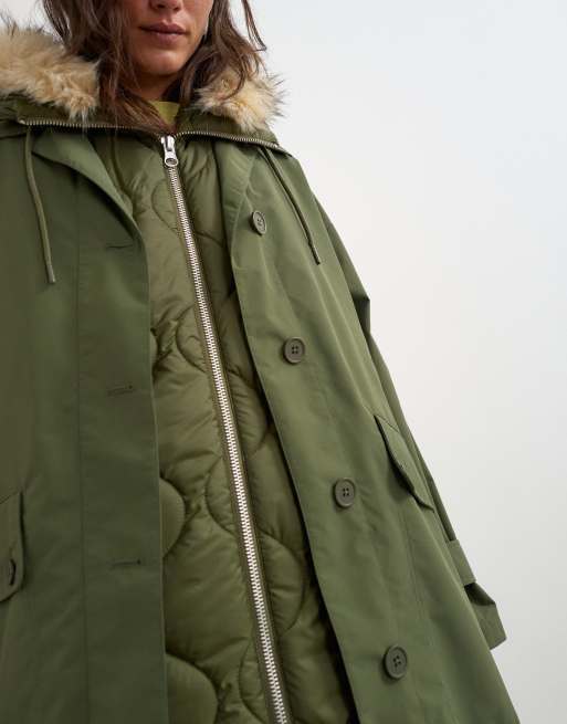 Topshop multifunktionel lang parka med hætte med imiteret pels i khaki, 2 af 4