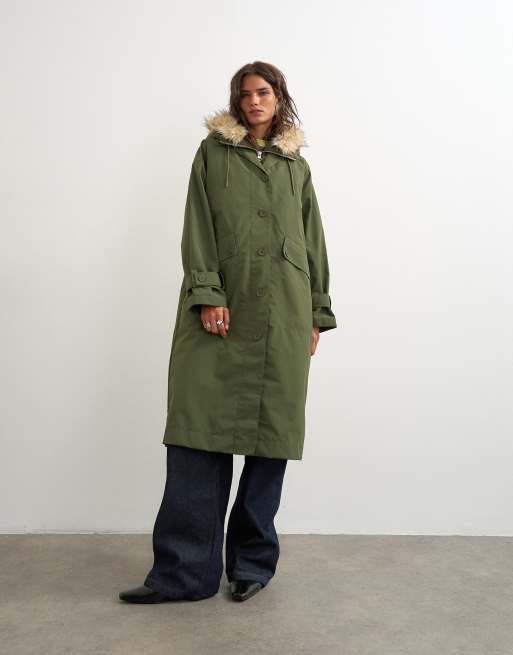 Topshop multifunktionel lang parka med hætte med imiteret pels i khaki, 3 af 4