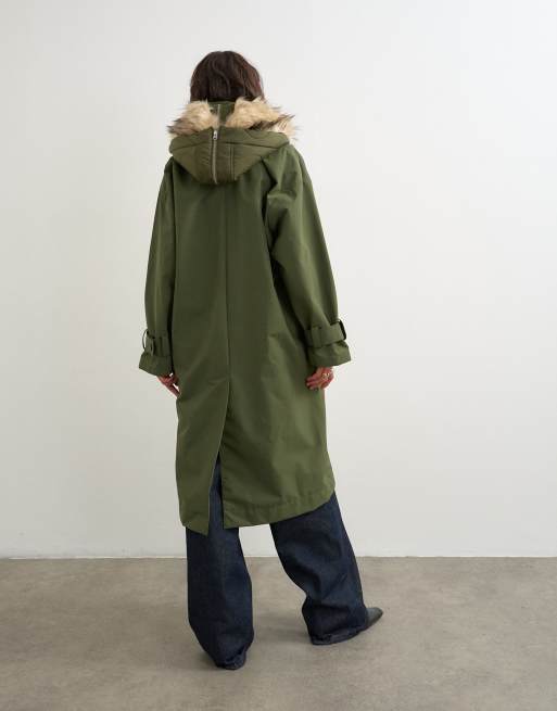 Topshop multifunktionel lang parka med hætte med imiteret pels i khaki, 4 af 4