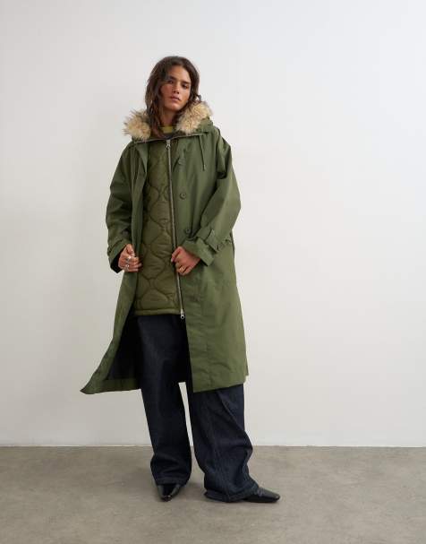 Topshop multifunktionell parkas i lång modell med huva i fuskpäls i khaki - view 1