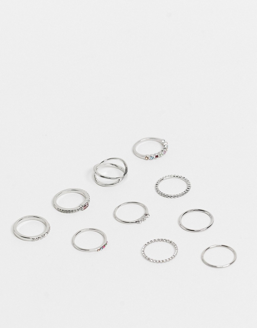 Topshop - Multipack met 11 stapelbare ringen in zilver met regenboog kristallen