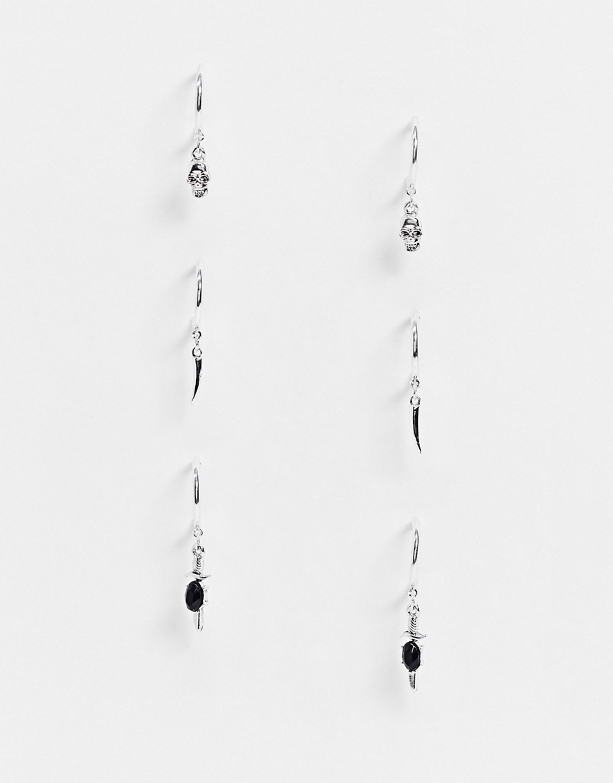 Topshop - Multipack x 3 oorringen met gotische hangers in zilver