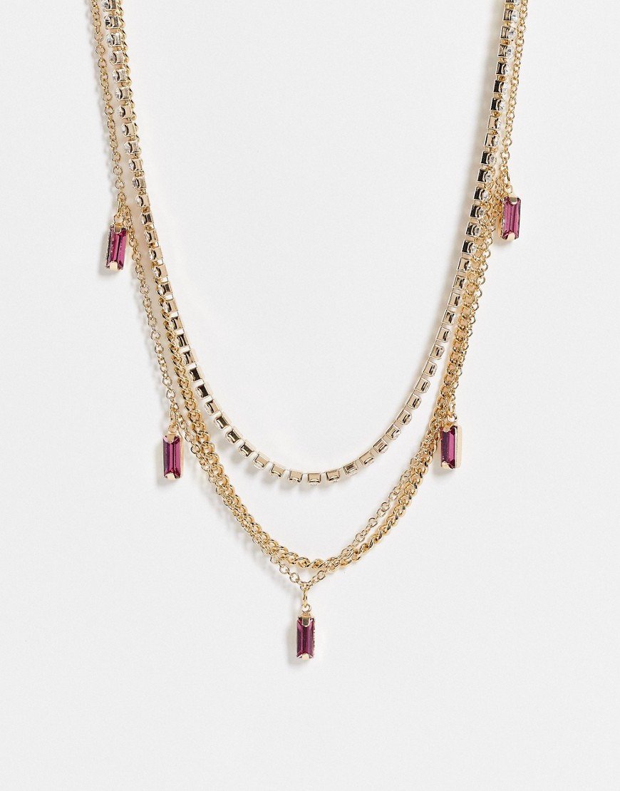 Topshop multirow choker necklace with pink crystals in gold