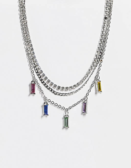 Topshop multirow choker necklace with rainbow crystals in silver