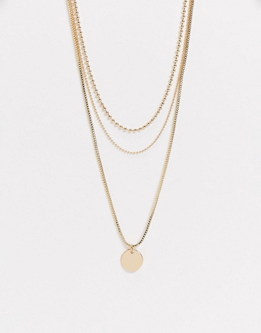 Topshop multirow necklace in gold with circle coin pendant