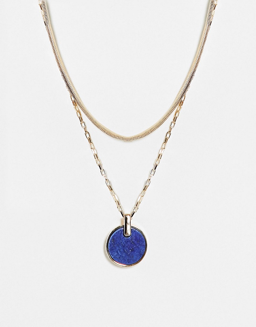 Topshop multirow necklace with blue stone pendant in gold