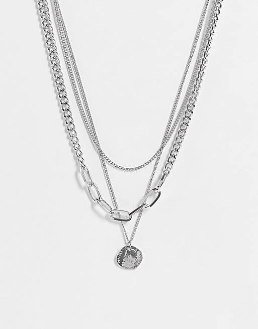 Topshop multirow necklace with circle pendant in silver