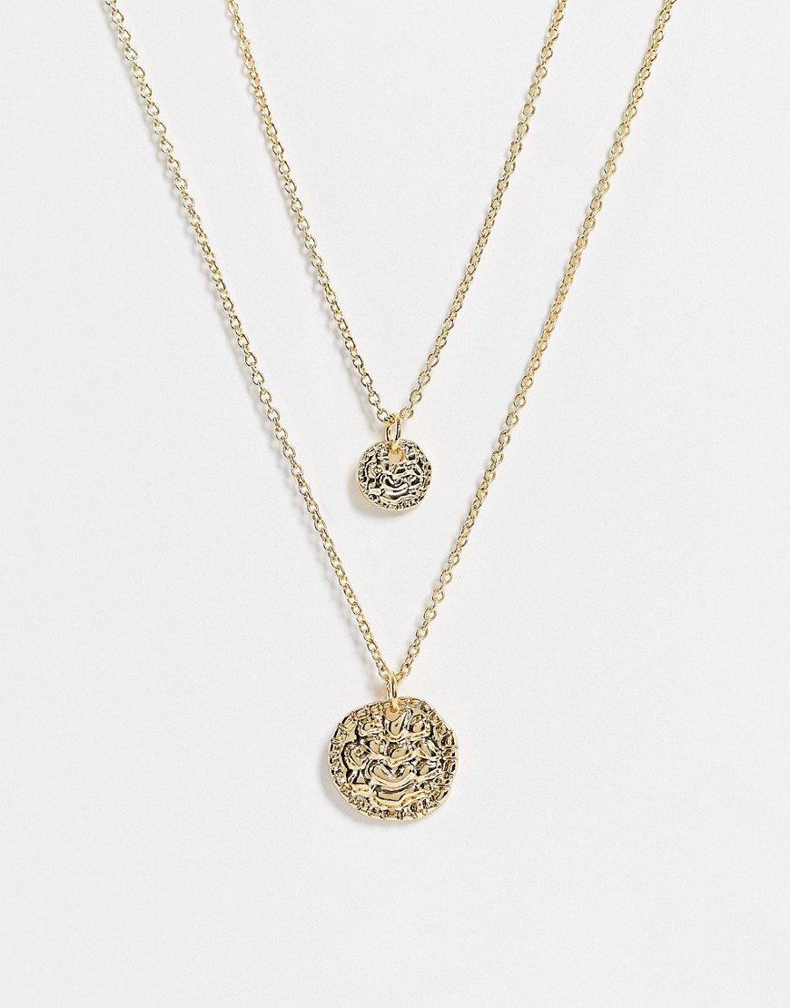 Topshop multirow necklace with texture coin in gold