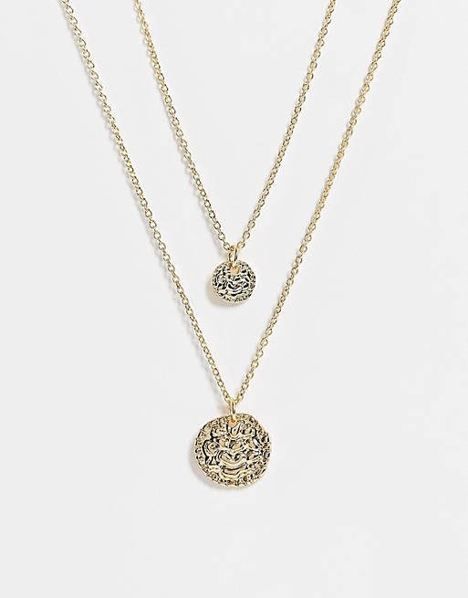 Topshop multirow necklace with texture coin in gold