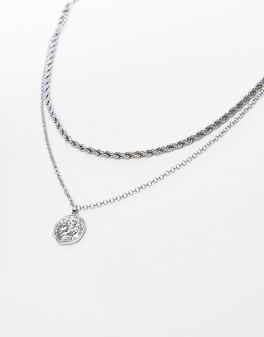 Topshop Multirow Twist Neck Chain With Coin Pendant In Silver