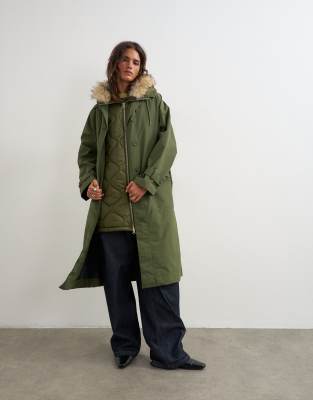 Topshop Multiwear Longline Parka With Faux Fur Hood In Green