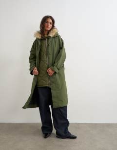 Multiwear longline parka with faux fur hood in khaki