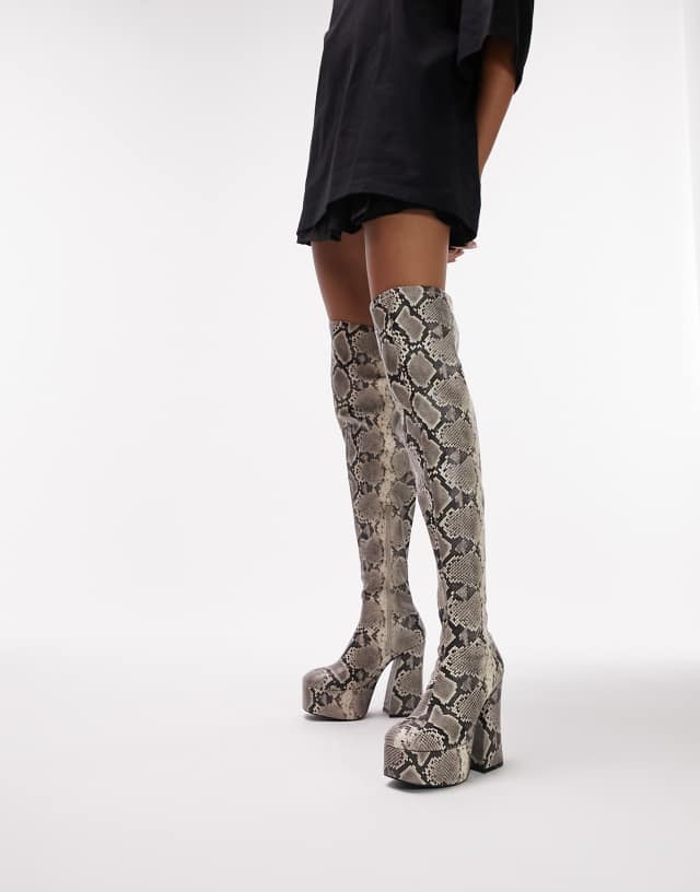 Topshop Myla platform knee high boot in snake