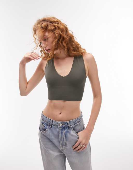 Topshop - Naadloze bralette met V-hals in olijfgroen, 4 van 4