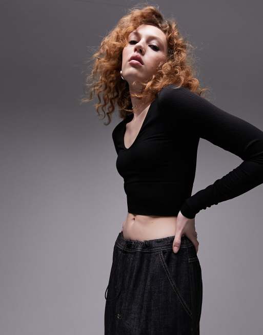 Topshop Naadloze crop top met lange mouwen en V hals in zwart