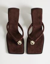 Topshop Nadeem mid heel toe thong sandal with hardware in chocolate