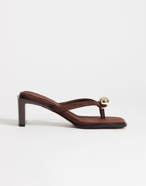 Topshop Nadeem mid heel toe thong sandals with hardware in chocolate - view 1
