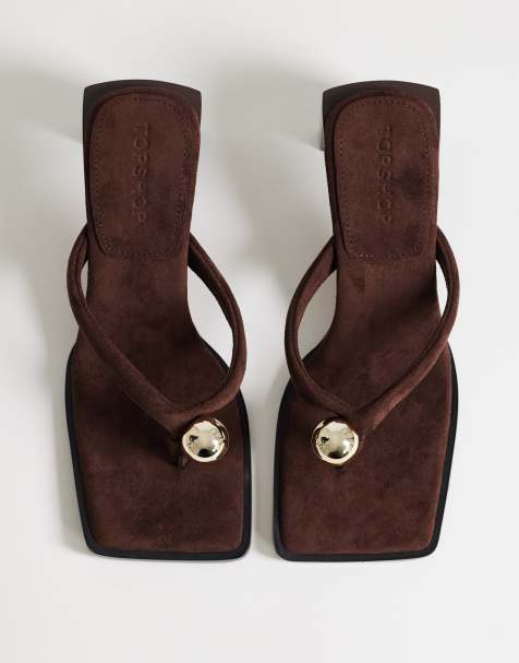 Topshop Nadeem mid-height heeled toe flip flops with hardware in chocolate - view 1