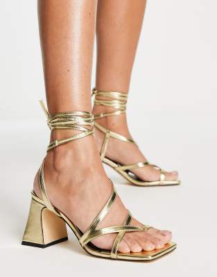 Topshop Nadia block heel ankle tie sandal in gold