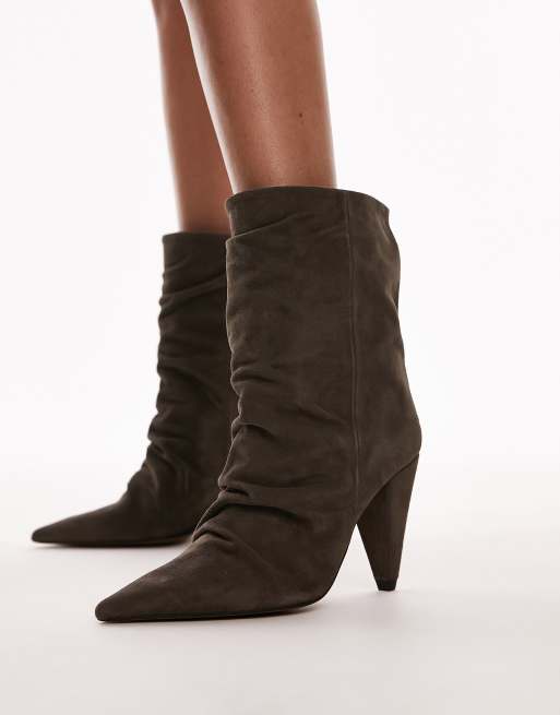 Topshop Nadia real suede pointed cone heel ankle boots in grey