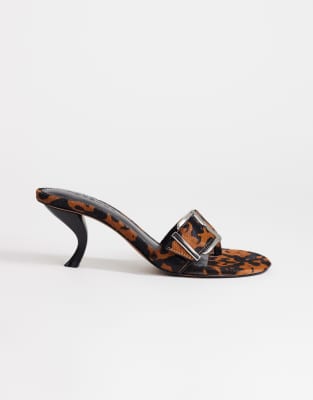 Topshop Nadine Real Hair-on-leather Mid Heel Mules With Buckle In Brown
