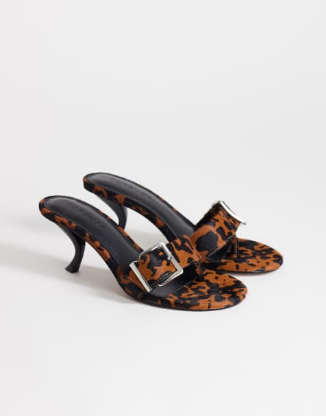 Topshop Nadine real hair-on-leather mid heel mules with buckle in leopard print - view 1