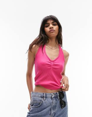 Topshop - Nahtloses Neckholder-Oberteil in Rosa mit geraffter Vorderseite