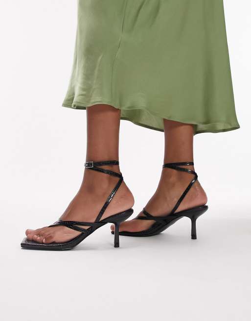 Topshop Nancy strappy toe post mid heeled sandal in black croc | ASOS