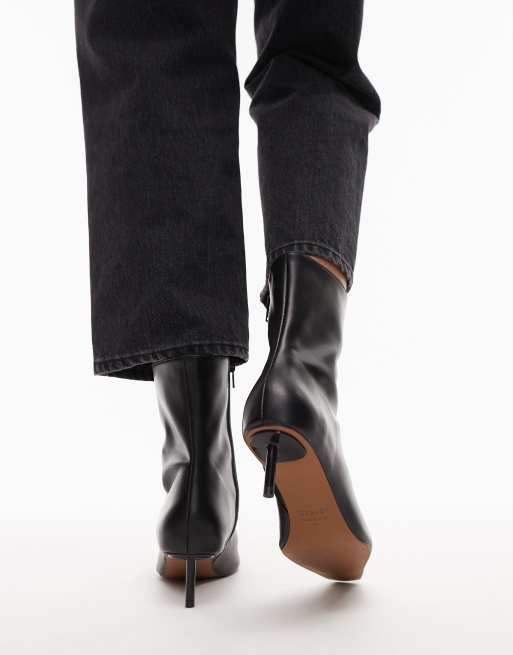 Topshop Narla premium real leather high pin heeled ankle boots in black