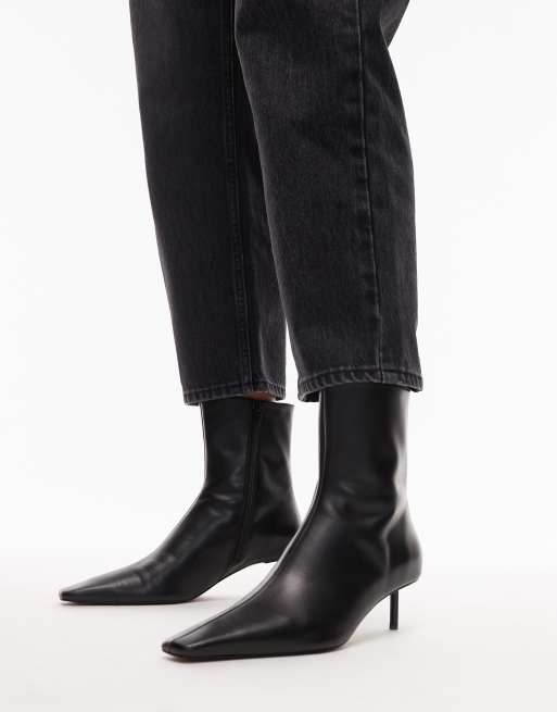 Topshop Narla premium real leather high pin heeled ankle boots in black
