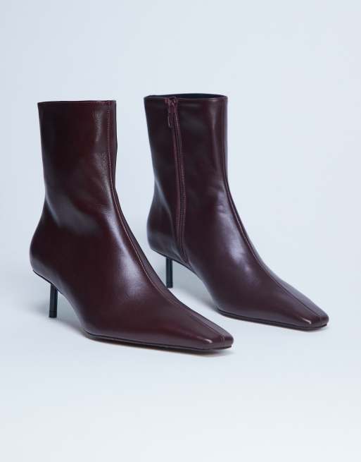 Topshop Narla premium real leather high pin heeled ankle boots in burgundy, 2 of 4