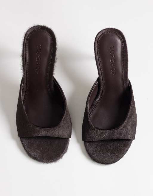 Topshop Nasim high heeled mule in chocolate hair on real leather, 3 of 4