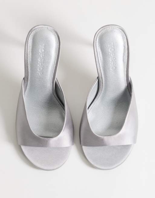 Topshop Nasim high heeled mules in grey satin, 4 of 4