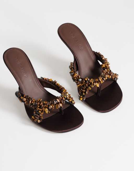 Topshop Natasha embellished mule high heeled sandal in chocolate satin , 2 of 4