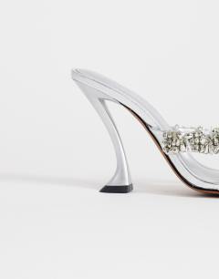 Model wearing Natasha embellished mule high heeled sandal in silver