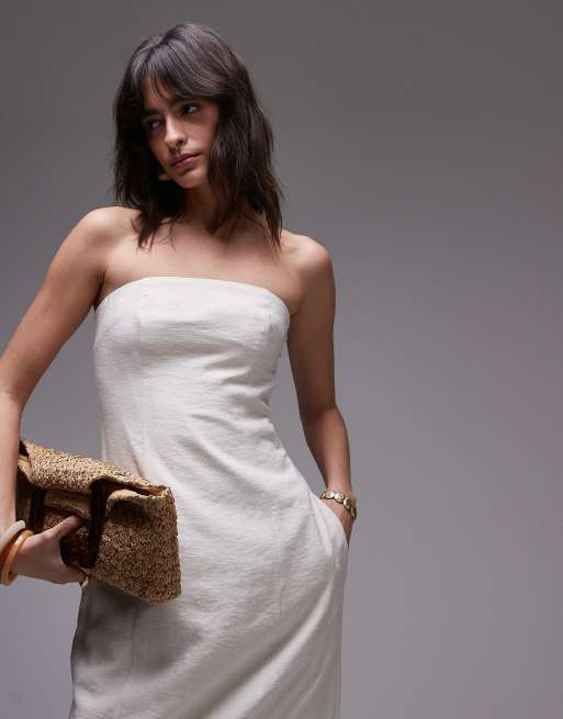 Topshop – Naturfärgad bandeau-midiklänning i linne, 2 av 4