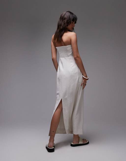 Topshop – Naturfärgad bandeau-midiklänning i linne, 3 av 4