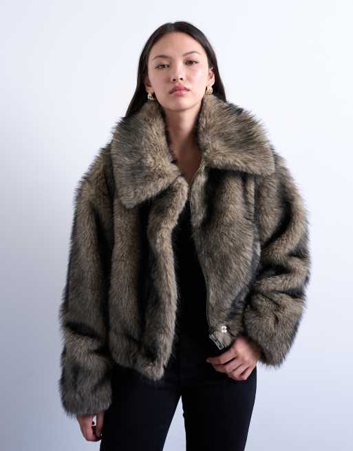 Topshop - Naturfarvet bomber-jakke med gennemgående lynlås i imiteret pels