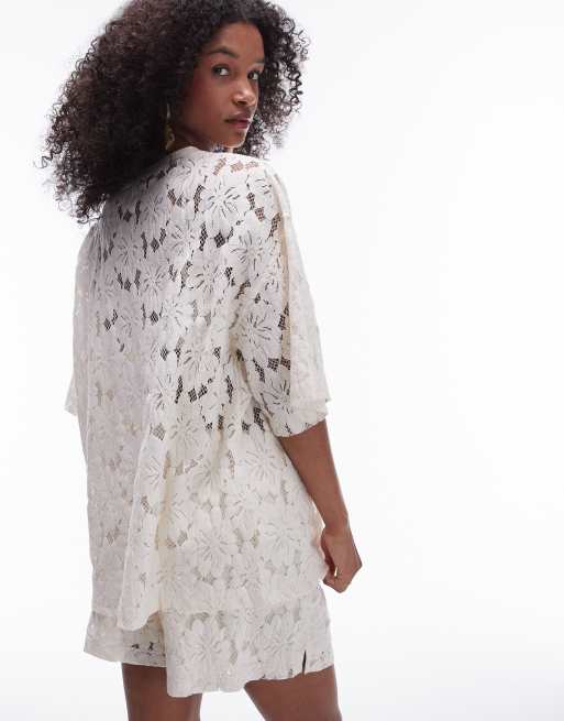 Topshop – Naturvit oversize t-shirt i spets, del av set, 4 av 4