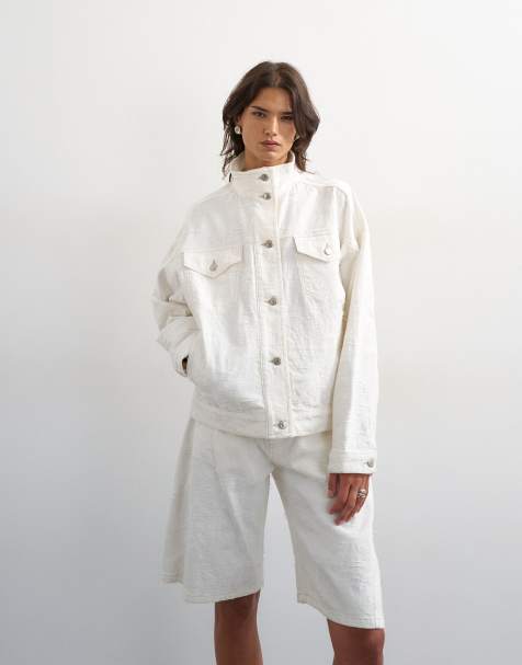 Topshop – Naturvit, sliten jeansjacka med ståkrage och elastisk midja - view 1