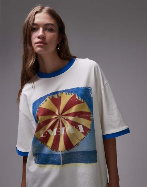 Topshop – Naturvit T-shirt i oversize med 'Laguna'-karuselltryck och kontrastfärgade kantränder - view 1