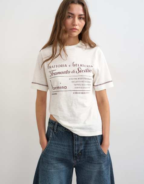 Topshop – Naturvit t-shirt med Tramonto Di Sicilia-tryck - view 1