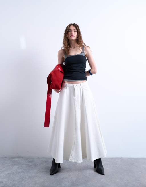 Topshop – Naturvit, vid midikjol i denim
