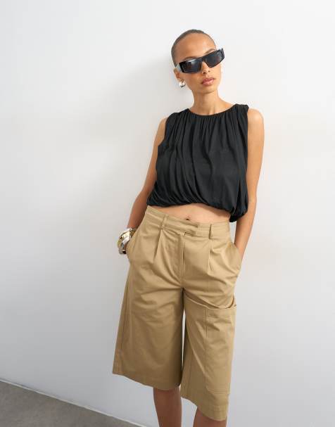 Topshop – Naturvita, långa bermudashorts i cargostil - view 1