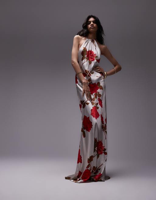 Topshop – Neckholder-Maxikleid mit asymmetrischem Schnitt in Elfenbein mit Rosenmuster, 2 von 5