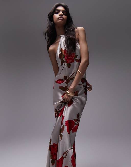 Topshop – Neckholder-Maxikleid mit asymmetrischem Schnitt in Elfenbein mit Rosenmuster, 5 von 5
